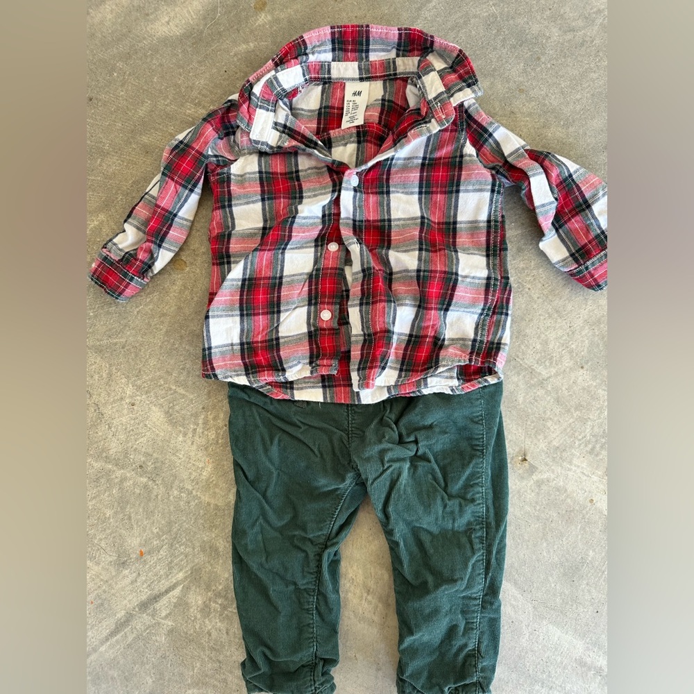Plaid Button-Up Shirt and Green Pants Set